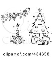 Digital Collage Of A Black And White Stenciled Christmas Garland Candle And Tree
