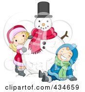 Poster, Art Print Of Boy And Girl Playing With A Snowman