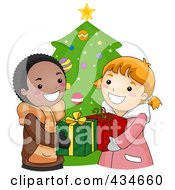 Poster, Art Print Of Christmas Boy And Girl Exchanging Gifts