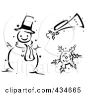 Royalty Free RF Clipart Illustration Of A Digital Collage Of A Black And White Stenciled Christmas Snowman Snowflake And Horn by BNP Design Studio