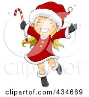 Happy Christmas Girl Dancing And Holding A Candy Cane