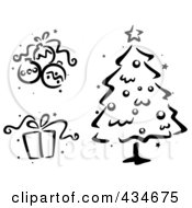 Digital Collage Of A Black And White Stenciled Christmas Baubles Gift And Christmas Tree
