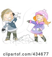 Poster, Art Print Of Winter Boy And Girl Throwing Snow Balls