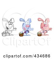 Royalty Free RF Clipart Illustration Of A Digital Collage Of Three Rabbits With Easter Baskets