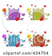 Royalty Free RF Clipart Illustration Of A Digital Collage Of Monsters Holding Flowers
