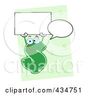 Royalty Free RF Clipart Illustration Of A Dollar Currency Character With A Word Balloon And Blank Sign Over Green