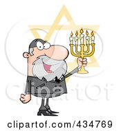 Rabbi Man Holding Up A Menorah With The Star Of David