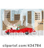 Poster, Art Print Of Santa Driving A Red Car In A Snowy City