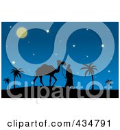 Poster, Art Print Of Silhouetted Man Walking A Camel On A Desert Night