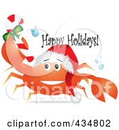 Poster, Art Print Of Festive Crab Wearing A Santa Hat And Holding A Christmas Candy Cane With Happy Holidays Text
