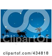 Royalty Free RF Clipart Illustration Of A Silhouetted Lion Walking In A Desert At Night