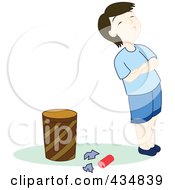 Poster, Art Print Of Stubborn Boy Standing By Garbage On The Floor By A Trash Can