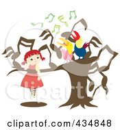 Poster, Art Print Of Girl Watching Two Singing Birds In A Music Note Tree