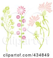 Royalty Free RF Clipart Illustration Of A Digital Collage Of Three Stalks Of Pink And Green Plants And Flowers