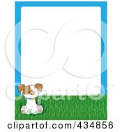 Cute Puppy With A Butterfly On Grass With A Blue Frame Around White Space