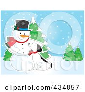 Poster, Art Print Of Puppy Cuddling Against A Snowman In A Winter Landscape