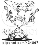 Royalty Free RF Clipart Illustration Of A Line Art Design Of A Robot Smoking A Cigarette And Holding Guns