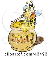 Honey Bee Character Sitting On The Rim Of A Honey Jar