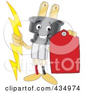 Poster, Art Print Of Electric Plug Mascot Holding A Red Price Tag