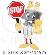Electric Plug Mascot Holding A Stop Sign
