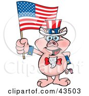Clipart Illustration Of A Patriotic Uncle Sam Pig Waving An American Flag On Independence Day by Dennis Holmes Designs