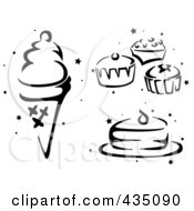Poster, Art Print Of Digital Collage Of A Black And White Stenciled Ice Cream Cones Cupcakes And Cake