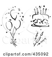 Digital Collage Of Black And White Stenciled Balloons Cake And Kebabs