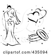 Poster, Art Print Of Digital Collage Of A Black And White Stenciled Wedding Couple Hearts And Rings