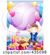 Birthday Boy Celebrating By Gifts And Party Balloons