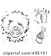 Royalty Free RF Clipart Illustration Of A Digital Collage Of Black And White Stenciled Clown Gift And Party Hat