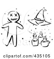 Poster, Art Print Of Digital Collage Of A Black And White Stenciled Halloween Voo Doo Doll Witch Hat And Bottles