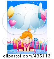 Cute Birthday Girl Sitting In Front Of Her Gifts Under A Word Balloon On Blue