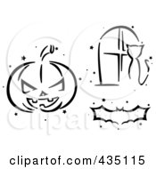 Poster, Art Print Of Digital Collage Of A Black And White Stenciled Halloween Pumpkin Bat And Cat In A Window