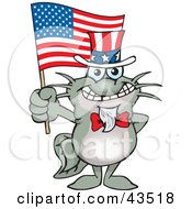 Clipart Illustration Of A Patriotic Uncle Sam Catfish Waving An American Flag On Independence Day by Dennis Holmes Designs
