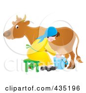 Royalty Free RF Clipart Illustration Of A Woman Milking A Cow by Alex Bannykh
