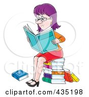 Poster, Art Print Of Purple Haired Woman Sitting On A Stack Of Books And Reading The News