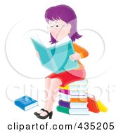 Poster, Art Print Of Airbrushed Purple Haired Woman Sitting On A Stack Of Books And Reading The News