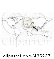 Royalty Free RF Clipart Illustration Of A 3d Magnifying Glass Hovering Over Europe On A White Atlas by Tonis Pan