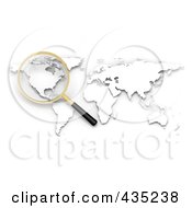 Royalty Free RF Clipart Illustration Of A 3d Magnifying Glass Hovering Over North America On A White Atlas by Tonis Pan