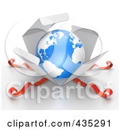 Royalty Free RF Clipart Illustration Of A 3d Globe Bursting Out Through A White Box With Red Ribbons