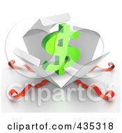 Royalty Free RF Clipart Illustration Of A 3d Dollar Symbol Bursting Out Through A White Box With Red Ribbons by Tonis Pan