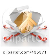 Poster, Art Print Of 3d Gold House Bursting Out Through A White Box With Red Ribbons