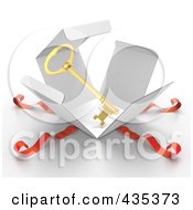 Royalty Free RF Clipart Illustration Of A 3d Gold Key Bursting Out Through A White Box With Red Ribbons by Tonis Pan