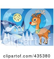 Poster, Art Print Of Rudolph The Red Nose Reindeer By A Winter Village