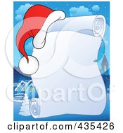 Poster, Art Print Of Frozen Christmas Parchment Scroll With A Santa Hat Over A Village
