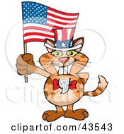 Clipart Illustration Of A Patriotic Uncle Sam Orange Cat Waving An American Flag On Independence Day by Dennis Holmes Designs