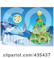 Royalty Free RF Clipart Illustration Of A Friendly Christmas Tree Near A Winter Village