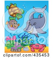 Royalty Free RF Clipart Illustration Of A Shark Fish Turtle And Crab In The Ocean