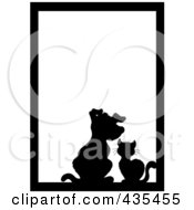 Poster, Art Print Of Black Silhouette Cat And Dog Pet Frame With White Space And A Black Border