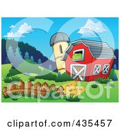 Royalty Free RF Clipart Illustration Of A Silo And Barn In A Wooded Landscape